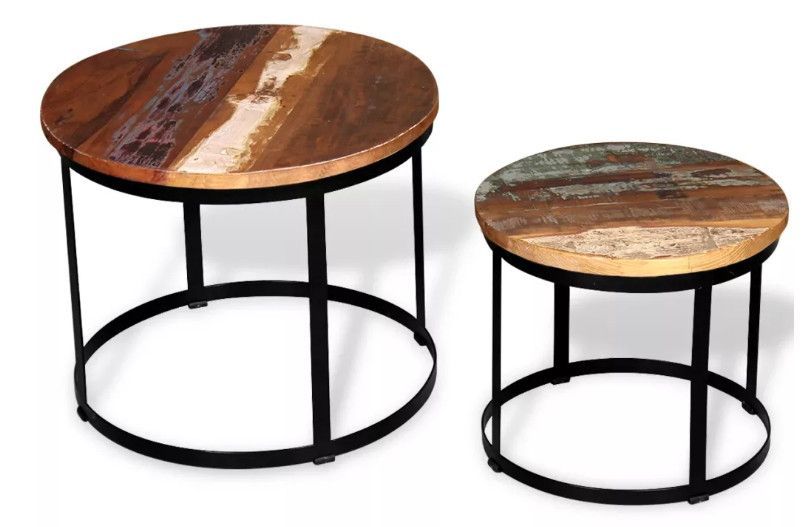 Table basse ronde bois massif recyclé et métal noir Mista - Lot de 2 - Photo n°1