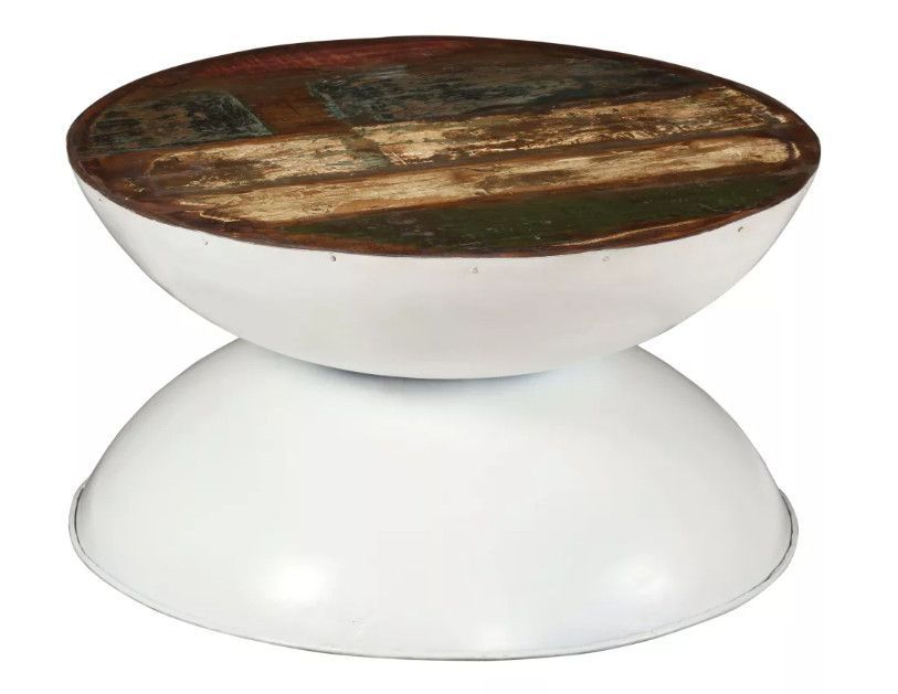 Table basse ronde bois massif recyclé et pieds métal blanc Leh 2 - Photo n°1