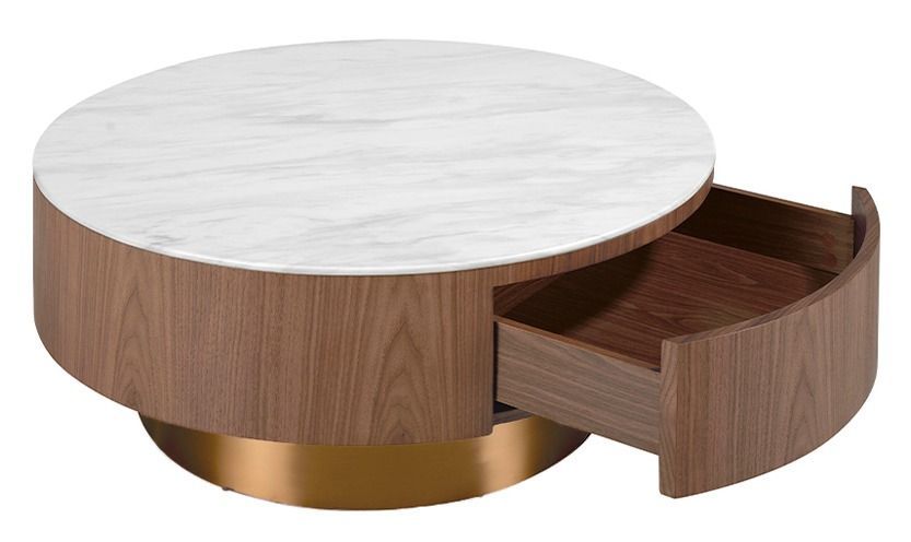 Table basse ronde bois noyer et porcelaine avec tiroir - Photo n°3