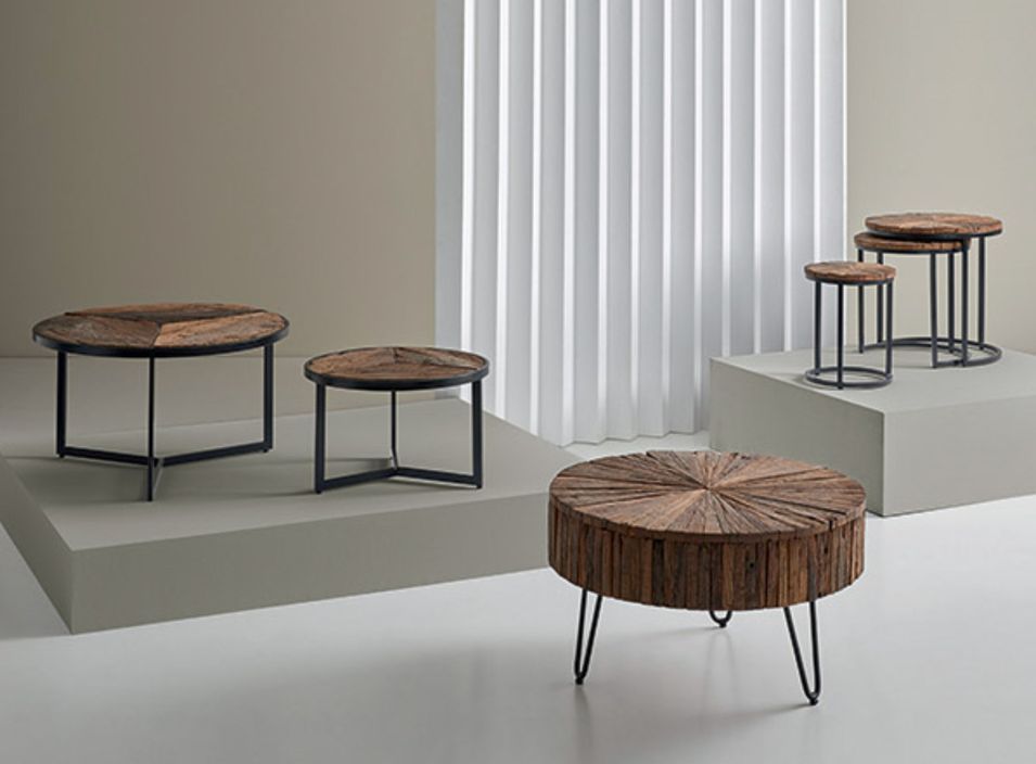 Table basse ronde gigogne style industriel bois recyclé et métal noir laqué mat Karat - Lot de 2 - Photo n°2
