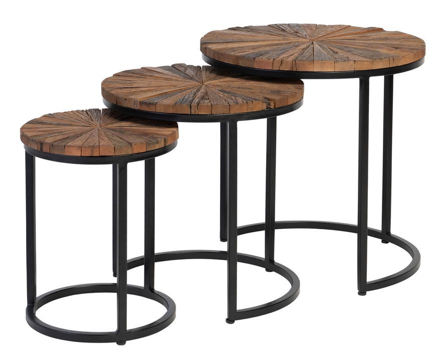 Table basse ronde gigogne style industriel bois recyclé et métal noir laqué mat Karat - Lot de 3 - Photo n°1