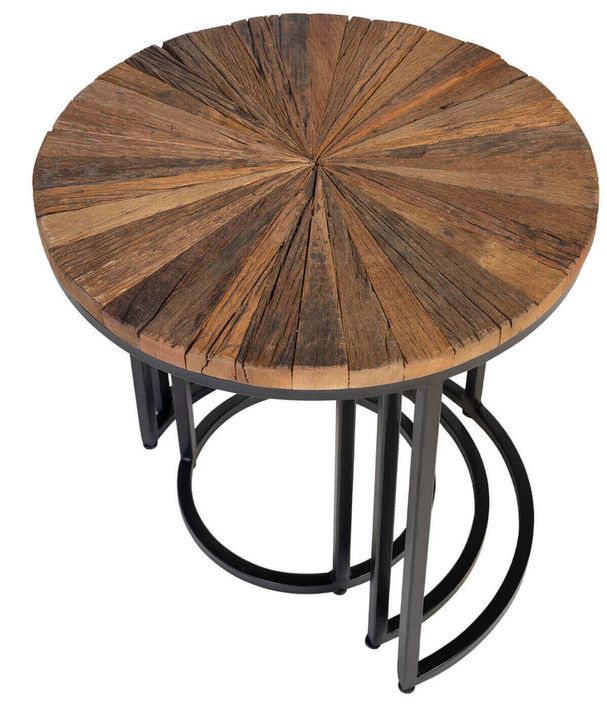 Table basse ronde gigogne style industriel bois recyclé et métal noir laqué mat Karat - Lot de 3 - Photo n°2