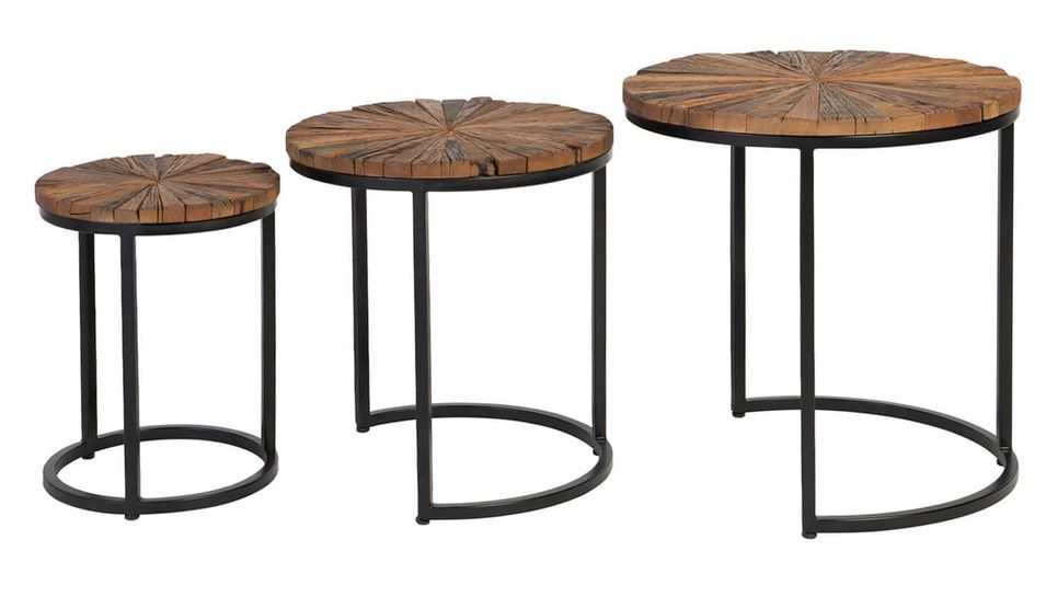 Table basse ronde gigogne style industriel bois recyclé et métal noir laqué mat Karat - Lot de 3 - Photo n°4