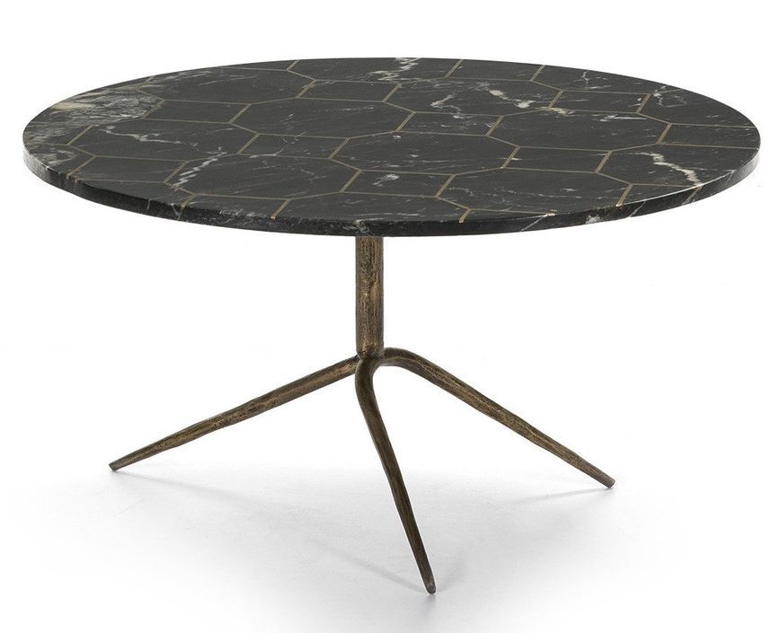 Table basse ronde marbre noir et métal doré vieilli D 80 cm - Photo n°1