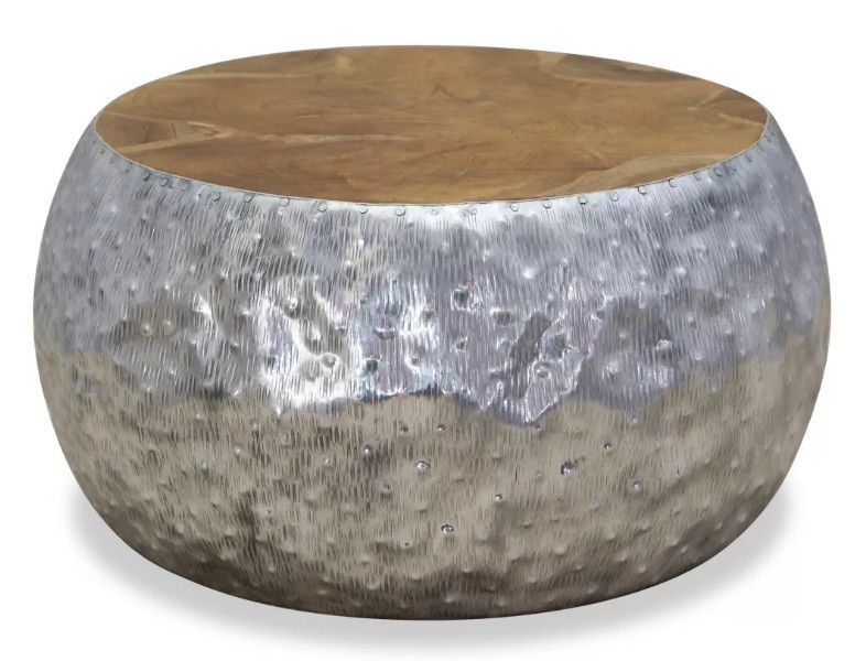 Table basse ronde métal argenté et teck massif foncé Vedi - Photo n°2