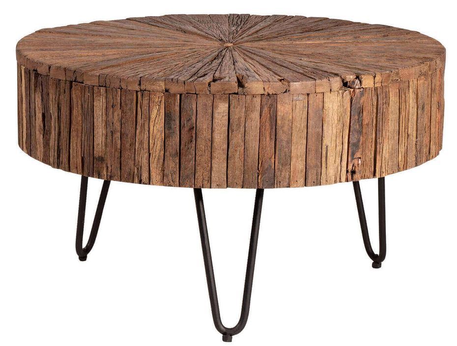 Table basse ronde style industriel bois recyclé et métal noir laqué mat Karat 70 cm - Photo n°1