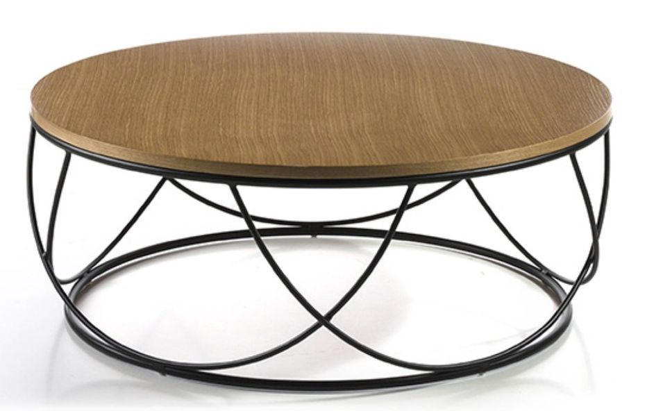 Table basse ronde style industriel en bois chêne clair et métal noir Kalito 80 cm - Photo n°1