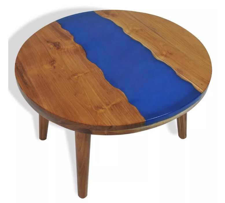 Table basse ronde teck massif foncé et résine bleu Tamie - Photo n°1