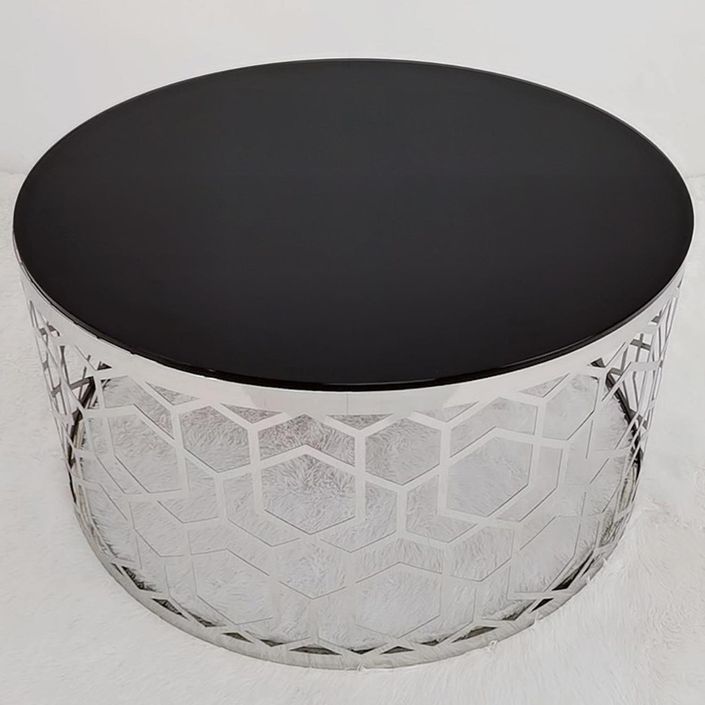 Table basse ronde verre noir et pieds métal argenté Oreli 80 cm - Photo n°2