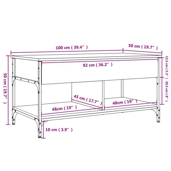 Table basse sonoma gris 100x50x50 cm bois d'ingénierie et métal - Photo n°11
