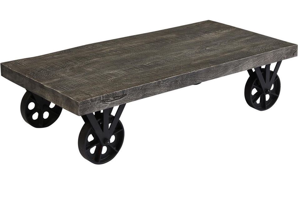Table basse sur roulette bois massif gris Cheminak 120 cm - Photo n°1