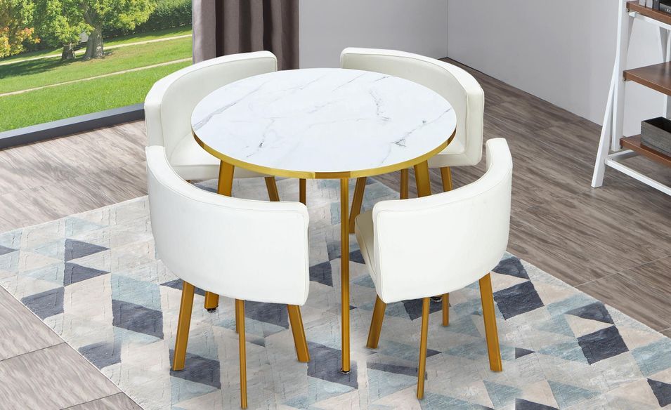 Table effet marbre et 4 chaises simili cuir pieds métal doré Gira - Photo n°2