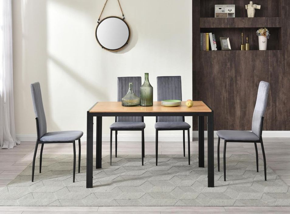 Table bois clair et 4 chaises velours gris pieds métal noir Arber - Photo n°2