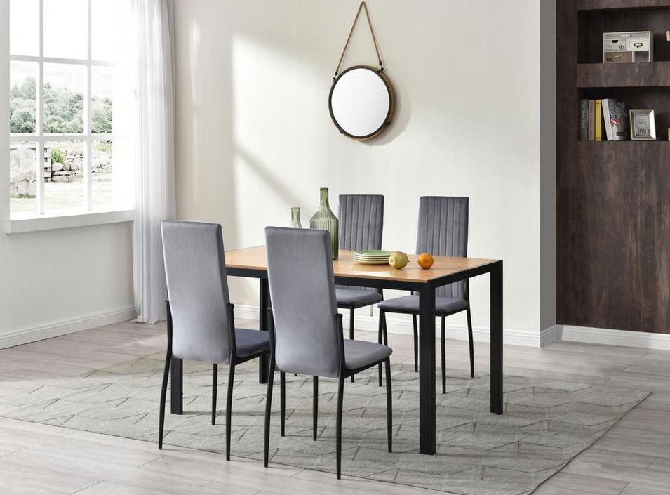 Table bois clair et 4 chaises velours gris pieds métal noir Arber - Photo n°3
