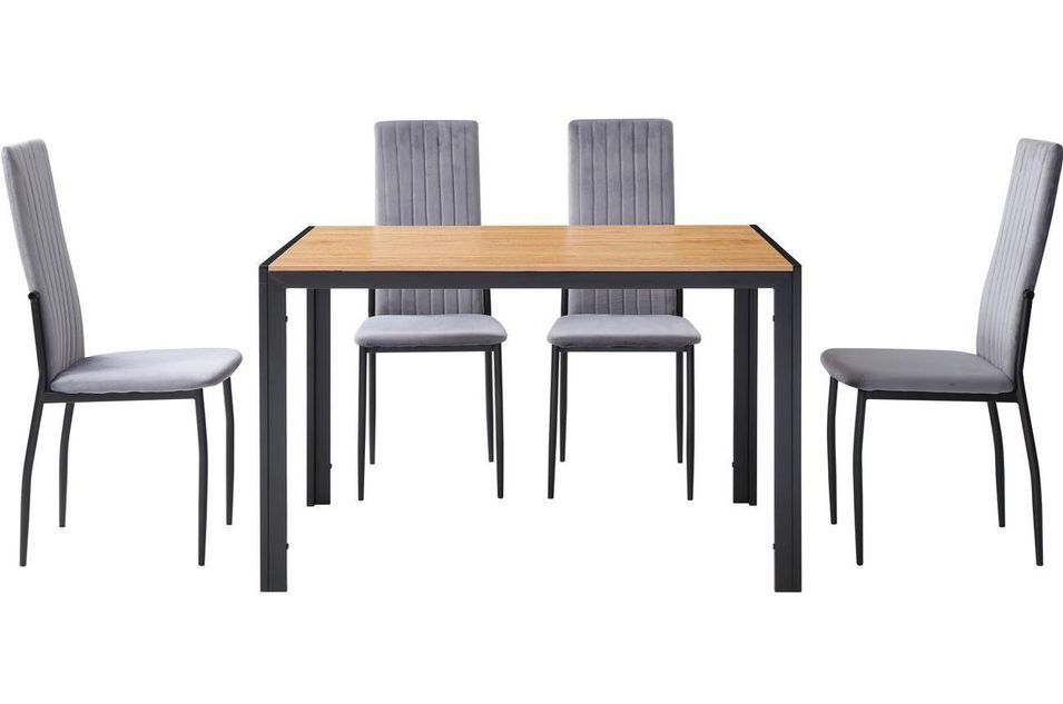 Table bois clair et 4 chaises velours gris pieds métal noir Arber - Photo n°4