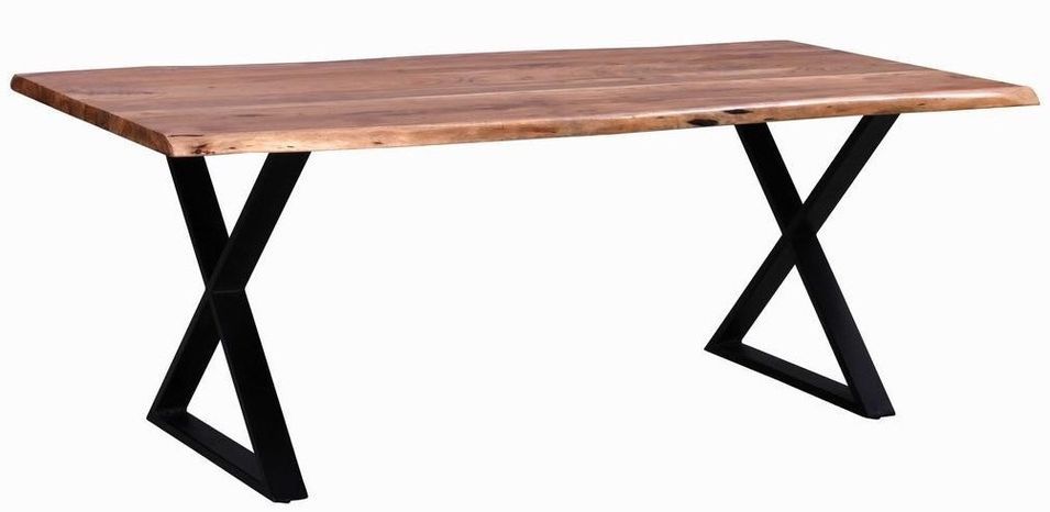 Table bois massif acacia naturel et pieds croisés acier noir Vintal 200 cm - Photo n°1
