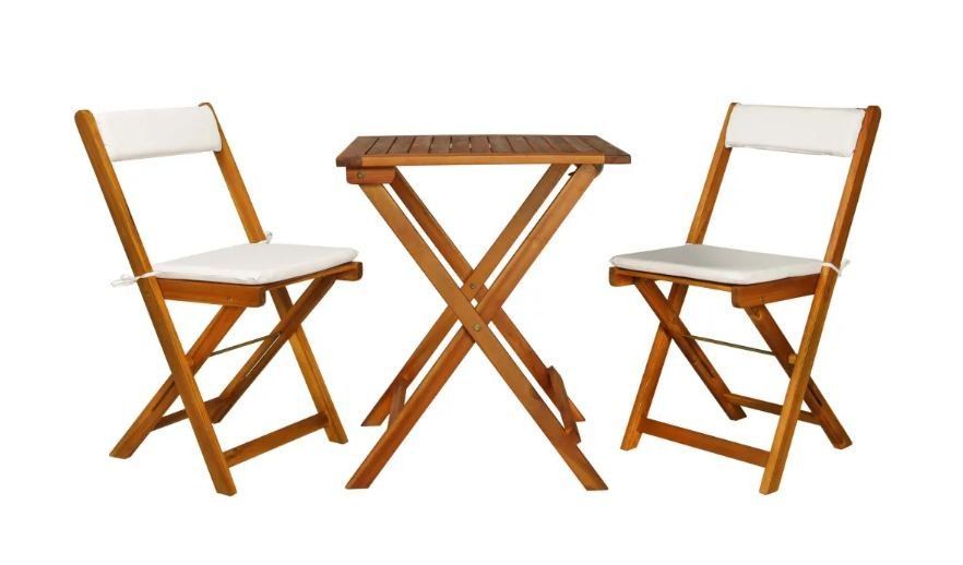 Table carrée et 2 chaises de jardin acacia clair et coussins blanc Polina - Photo n°1