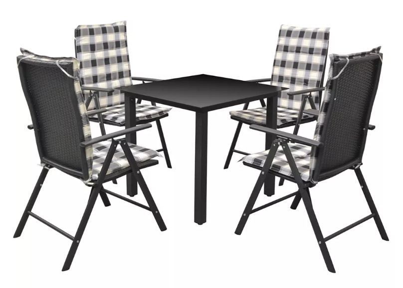 Table carrée et 4 chaises de jardin métal et résine tressée noir avec coussins Gael - Photo n°1