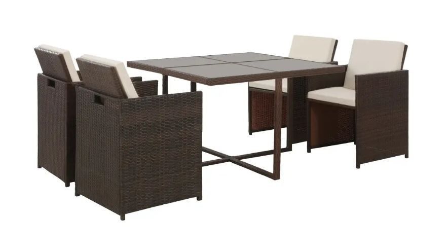 Table carrée et 4 chaises de jardin résine tressée marron et coussins blanc Iris - Photo n°1
