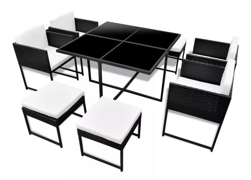 Table carrée et 4 chaises de jardin résine tressée noir coussins blanc Chaz - Photo n°1