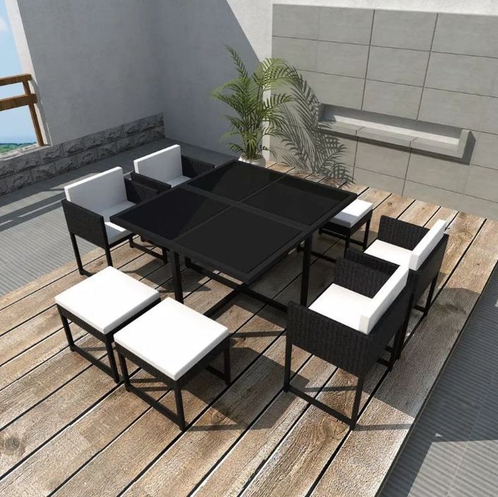 Table carrée et 4 chaises de jardin résine tressée noir coussins blanc Chaz - Photo n°2
