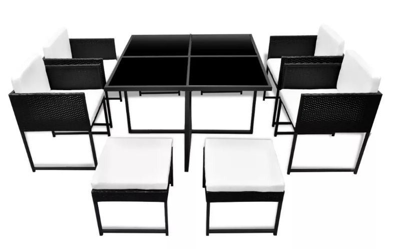 Table carrée et 4 chaises de jardin résine tressée noir coussins blanc Chaz - Photo n°3