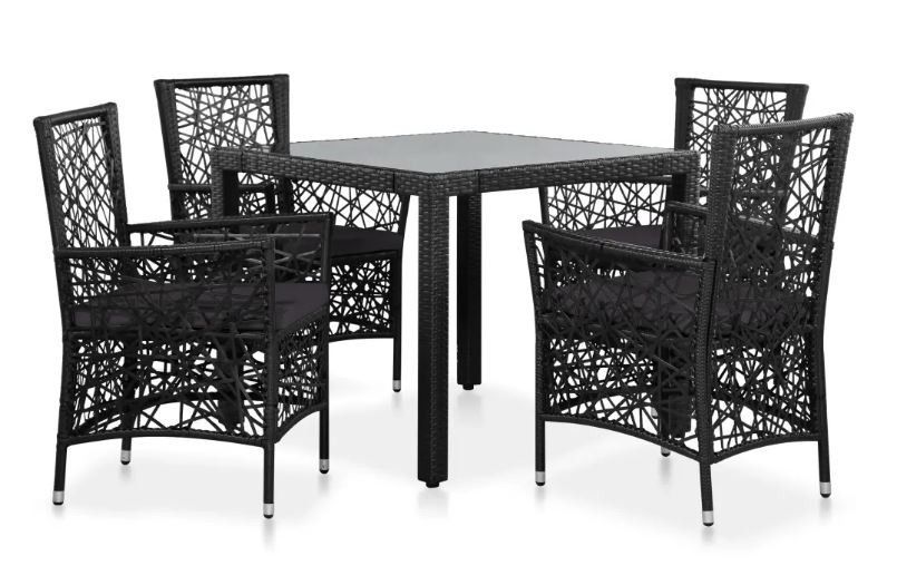 Table carrée et 4 chaises de jardin résine tressée noir coussins gris Kaila - Photo n°1