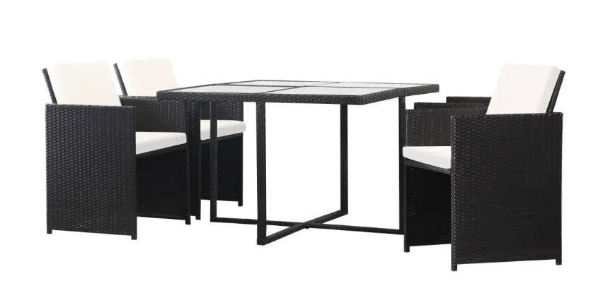 Table carrée et 4 chaises de jardin résine tressée noir et coussins blanc Iris - Photo n°1