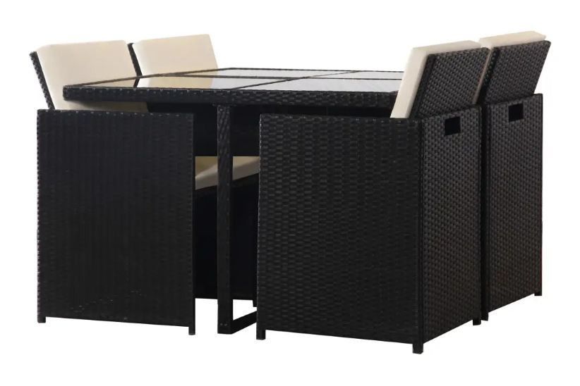 Table carrée et 4 chaises de jardin résine tressée noir et coussins blanc Iris - Photo n°2
