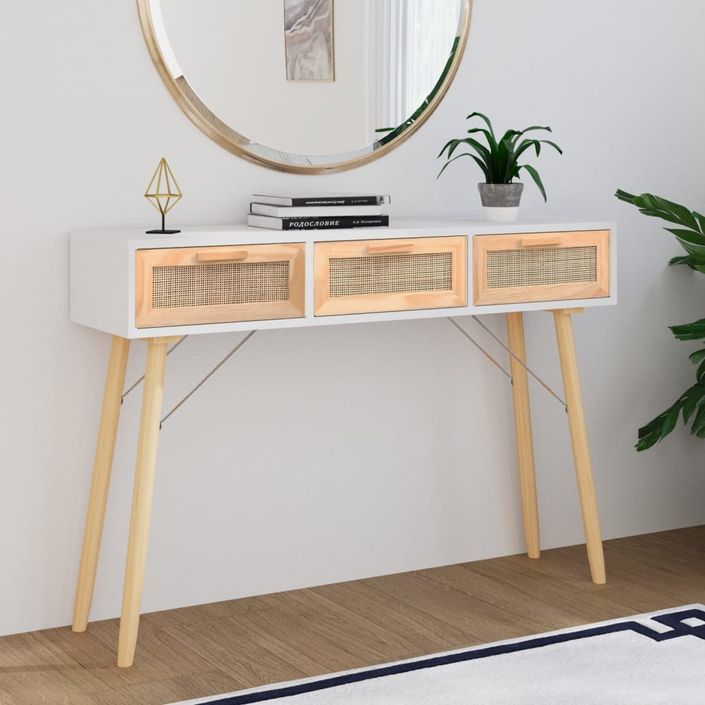 Table console Blanc 105x30x75 cm Bois massif pin /rotin naturel - Photo n°1