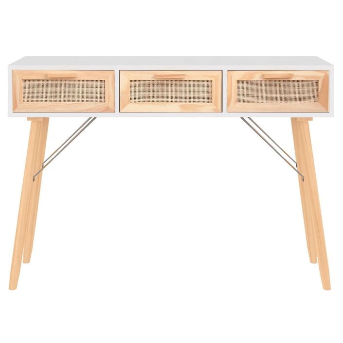 Table console Blanc 105x30x75 cm Bois massif pin /rotin naturel - Photo n°3