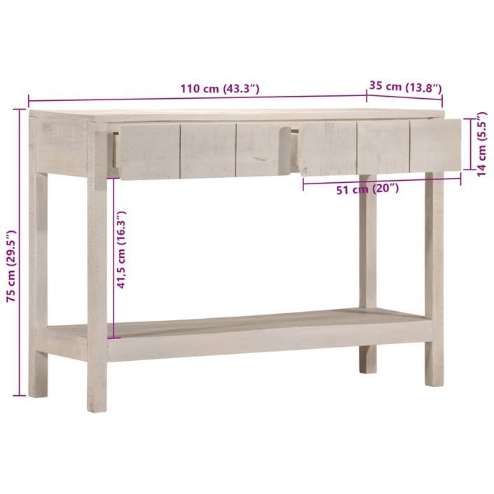 Table console blanc 110x35x75 cm bois de manguier solide - Photo n°10