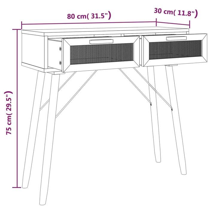 Table console Blanc 80x30x75 cm Bois massif pin /rotin naturel - Photo n°7