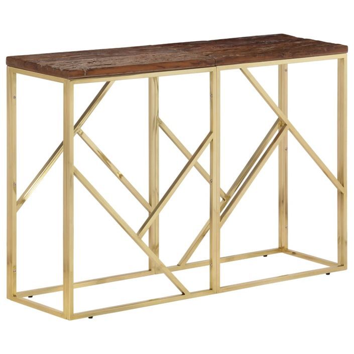 Table console doré acier inoxydable et bois de mélèze massif - Photo n°1