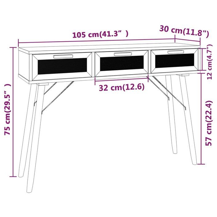 Table console Noir 105x30x75 cm Bois massif pin /rotin naturel - Photo n°6