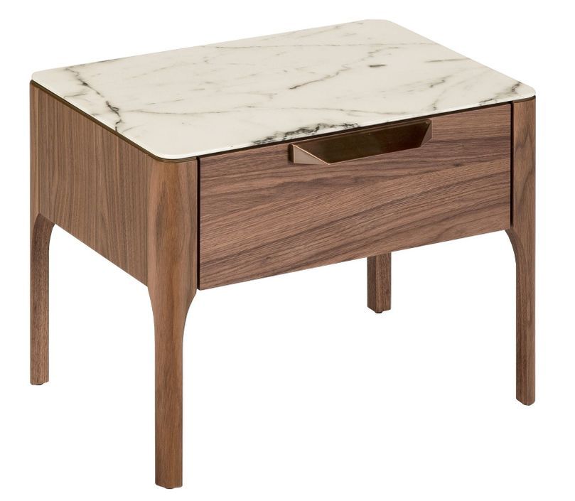 Table d'appoint 1 tiroir Blazer 55 cm - Noyer et porcelaine blanche effet Marbre - Photo n°1