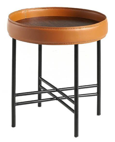 Table d'appoint bois de noyer et cuir marron clair et noir Liza - Photo n°1