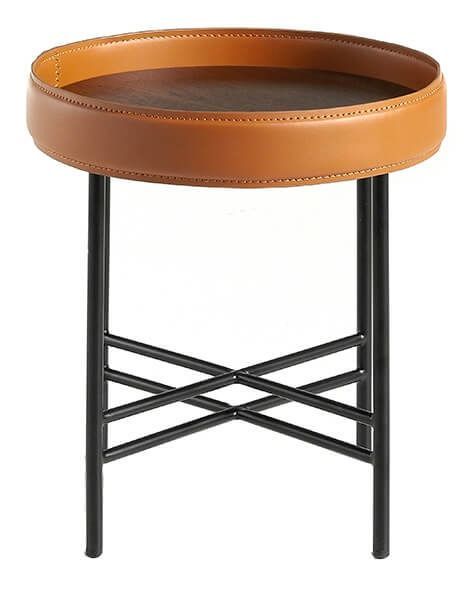 Table d'appoint bois de noyer et cuir marron clair et noir Liza - Photo n°2