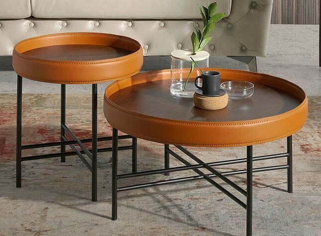 Table d'appoint bois de noyer et cuir marron clair et noir Liza - Photo n°3
