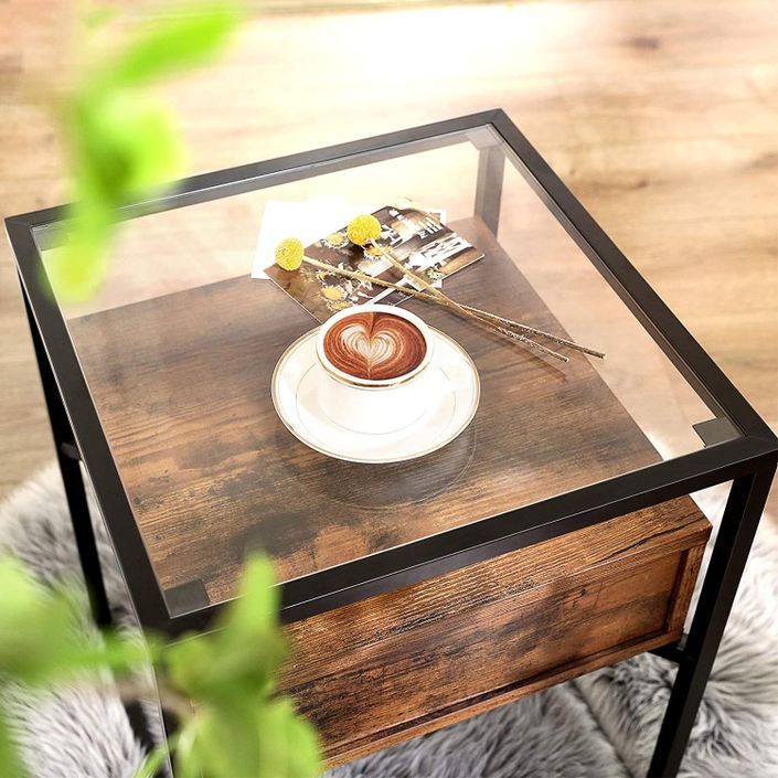 Table d'appoint design industriel verre et bois marron vintage Kaza 43 cm - Photo n°5