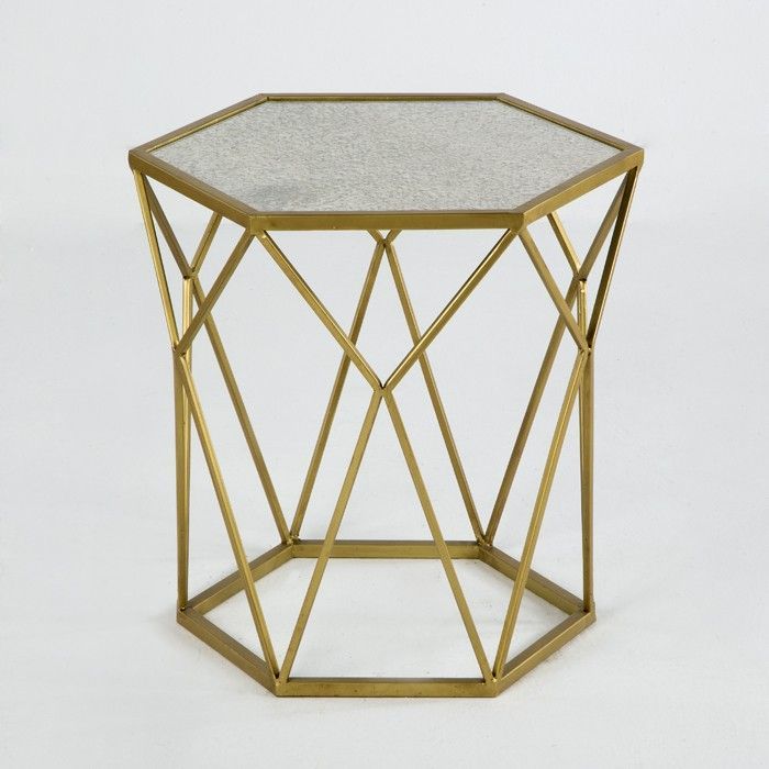 Table d'appoint hexagonale miroir vieilli et métal doré Hugos - Photo n°1