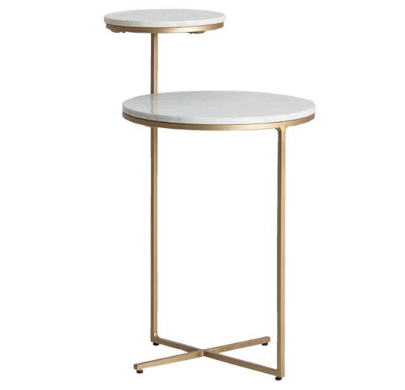 Table d'appoint ronde 2 plateaux marbre blanc et métal doré Sacha - Photo n°1