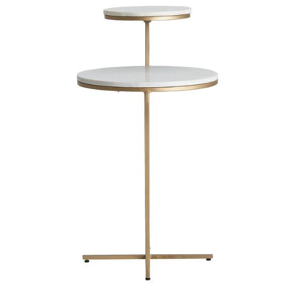 Table d'appoint ronde 2 plateaux marbre blanc et métal doré Sacha - Photo n°2
