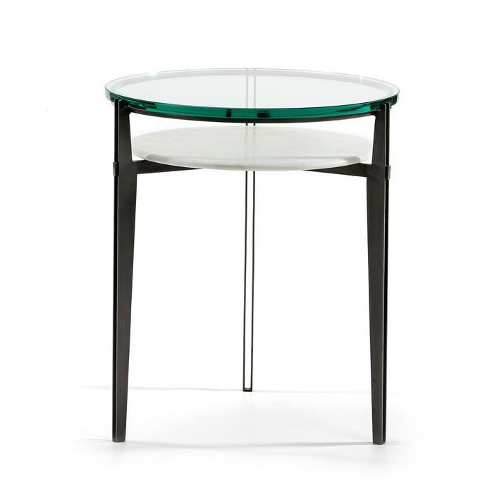 Table d'appoint ronde 2 plateaux verre transparent et marbre blanc Kenza - Photo n°2