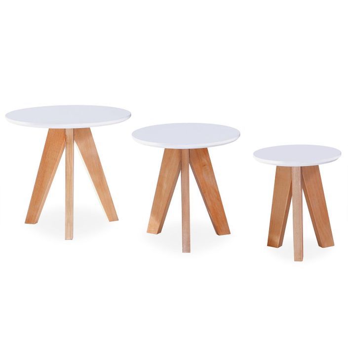 Table d'appoint ronde bois laqué blanc Scandinave - Lot de 3 - Photo n°1