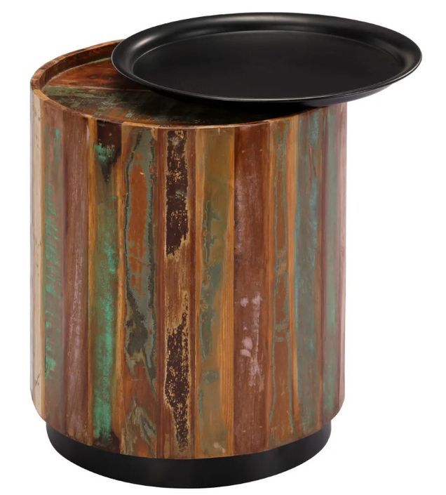 Table d'appoint ronde bois massif foncé recyclé et métal noir Wick - Photo n°4