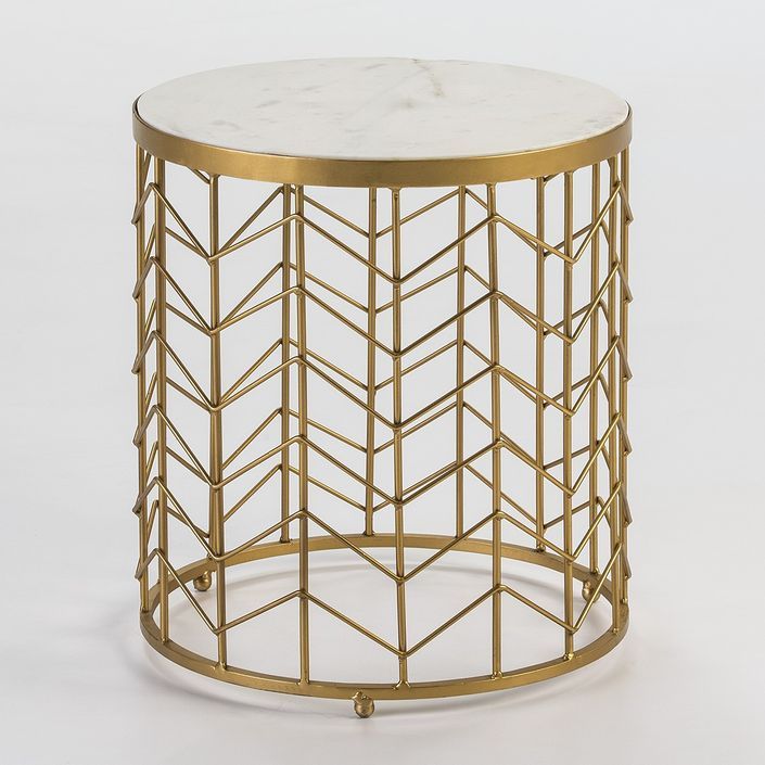 Table d'appoint ronde marbre blanc et métal doré Hugos H 46 cm - Photo n°1