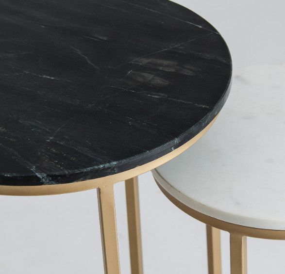 Table d'appoint ronde marbre noir et blanc et métal doré Anato - Lot de 2 - Photo n°2