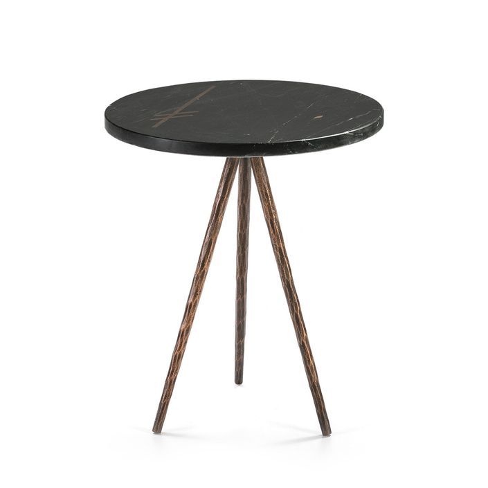 Table d'appoint ronde marbre noir et métal doré vieilli Lina 41 cm - Photo n°1
