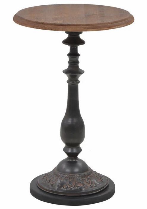 Table d'appoint ronde pin massif foncé et pied métal noir Keral - Photo n°1